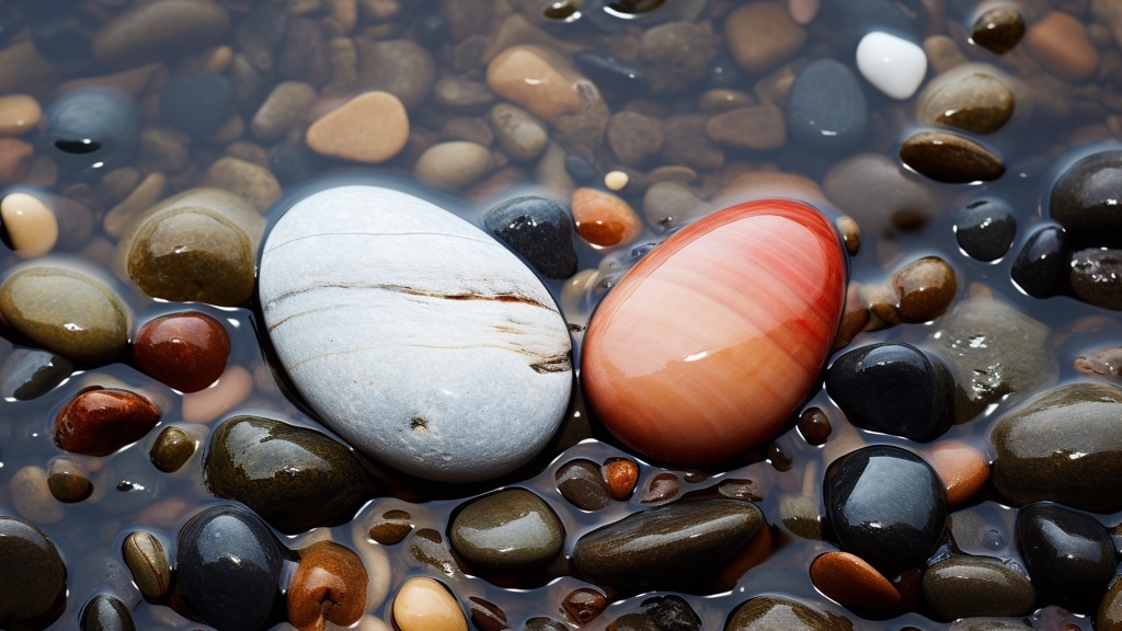 Two smooth, shiny stones—one gray and one reddish—lie side by side among wet pebbles in shallow water.
