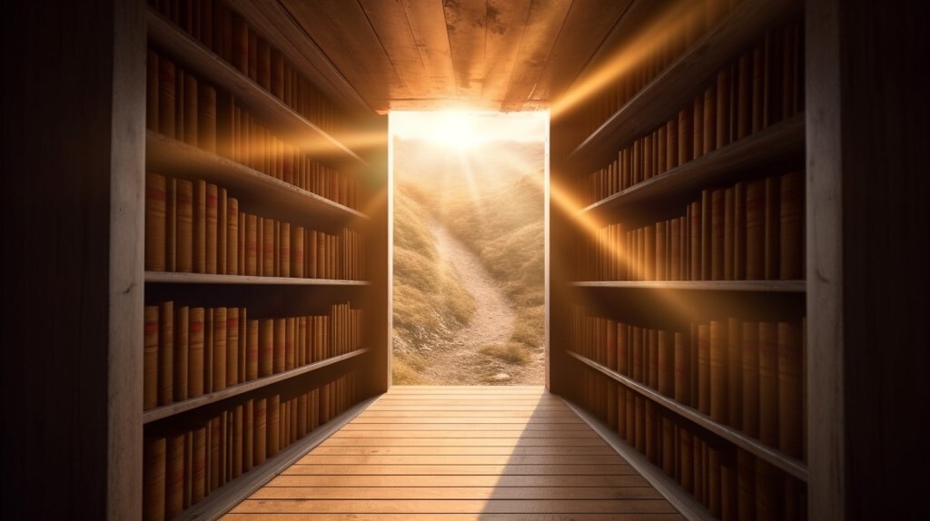 En dold dörr i ett bibliotek, som leder ut mot en stig över gröna kullar i ett landskap där solen skiner.