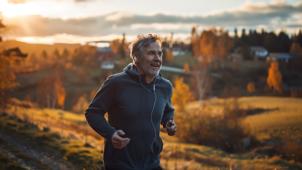 A middle-aged man is running through a sunny Swedish countryside.
