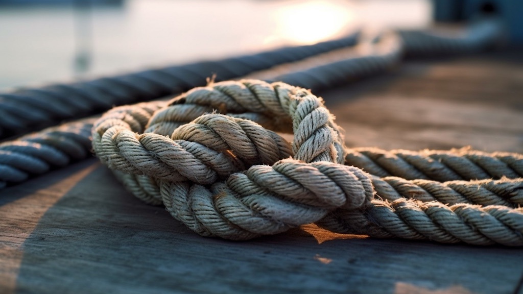 A maritime rope tied in a knot on a boardwalk in the evening sun.