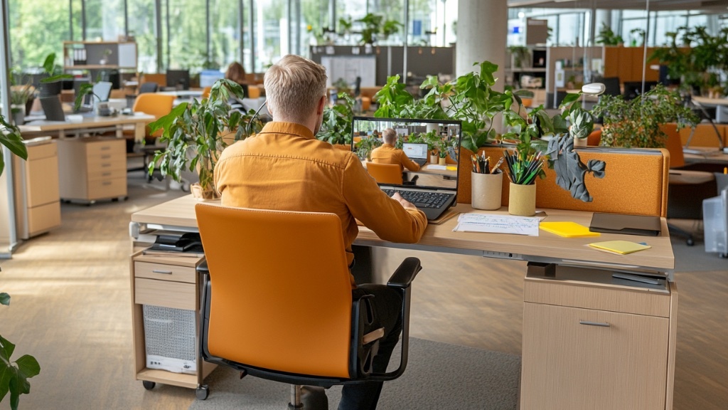 An office worker wearing an orange shirt sits at a modern, plant-filled desk, working on a laptop in a bright, open-plan office. On the screen the office worker sees themself