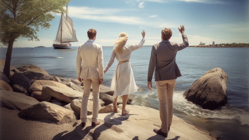 Tre personer vinkar till en segelbåt från en klippig strand en solig dag.