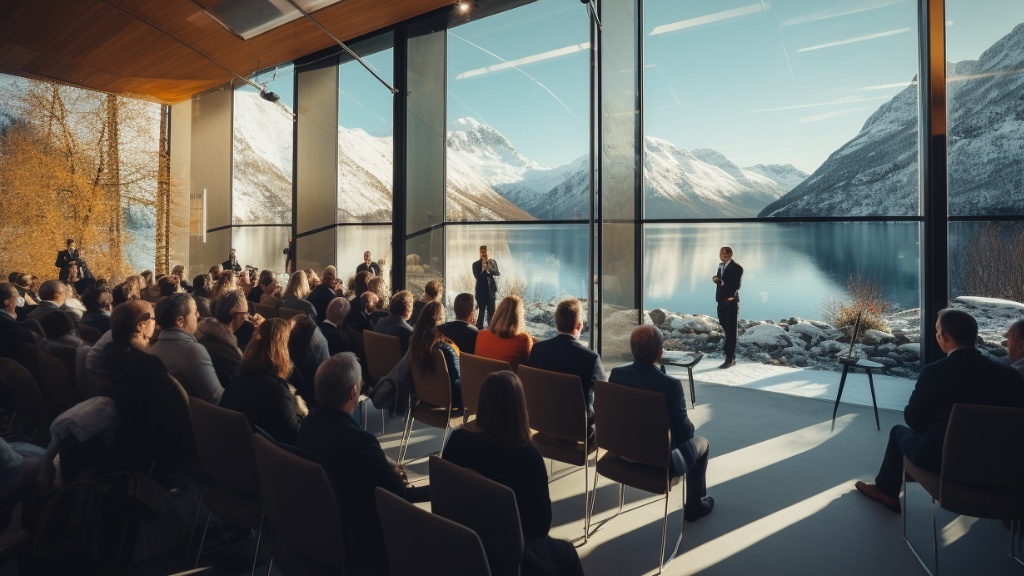 En talare håller en presentation för en publik i ett rum med glasväggar som vetter mot ett stilla, snötäckt bergslandskap.