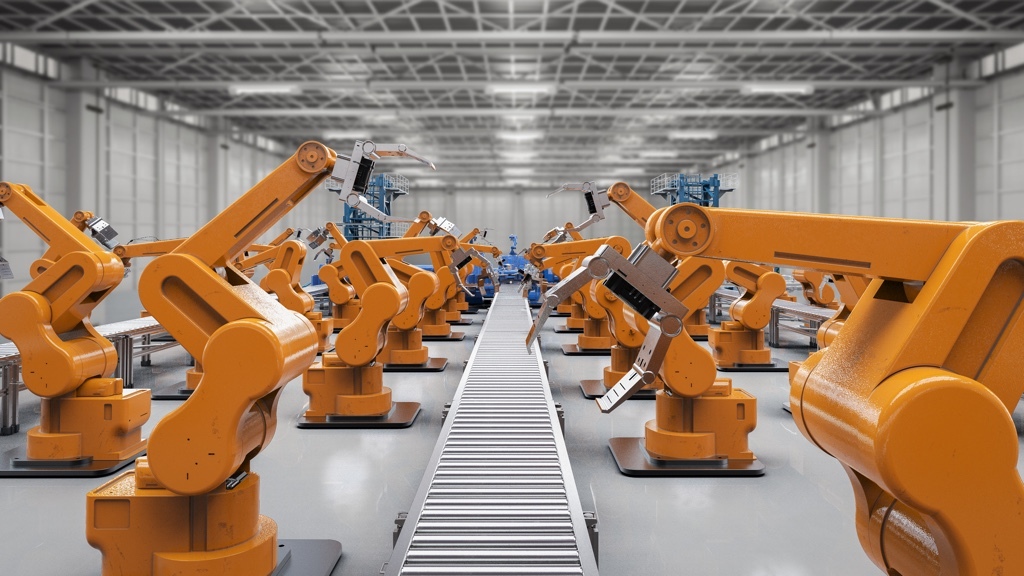 An assembly line of industrial robots in a manufacturing plant.