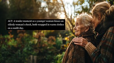 A tender moment as a younger woman kisses an elderly woman's cheek, both wrapped in warm clothes on a sunlit day.