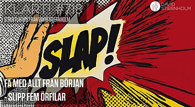 En serietidningsliknande illustration visar en hand som ger en örfil, med det kraftfulla ordet ”SLAP!” som exploderar ut från smällen i dramatiska svarta bokstäver mot en bakgrund av rött och gult.