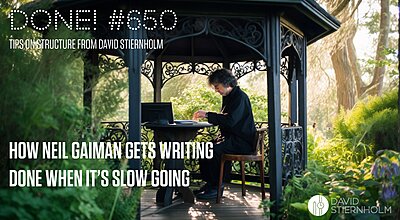 A man is writing in a decorative garden gazebo surrounded by lush greenery and soft morning light.