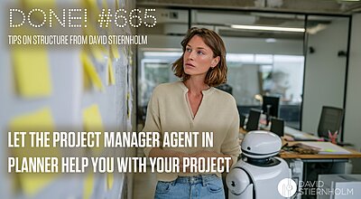 A woman stands thoughtfully in front of a wall covered with sticky notes, accompanied by a small robot in a modern office.