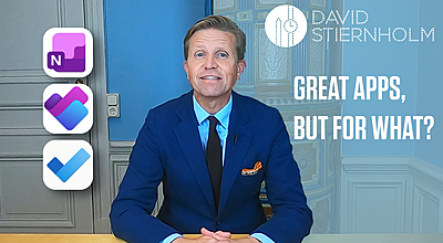 A man in a blue suit appears in a promotional image alongside app icons and the text “Great apps, but for what?”