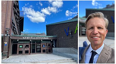 Collage containing two images - one of the entrance of Chalmers University of Technology's ACE department and one of a tan middleaged man in a light brown jacket and blue knitted tie smiling.