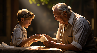 An old man gives a young boy a list on a sheet of paper - all in the evening sun.